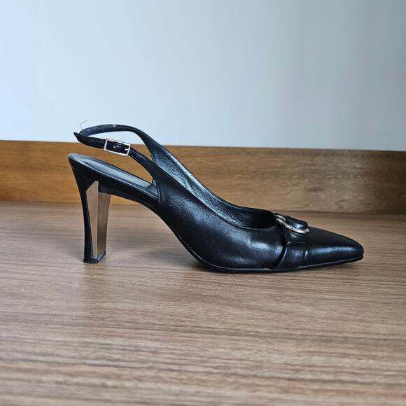 Stuart Weitzman Black Leather Slingback Heels Size 7.5 - Picture 2 of 10